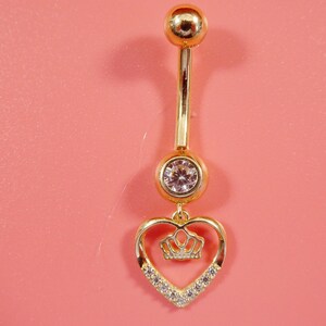 14k real solid yellow gold dangling crown heart belly button ring piercing
