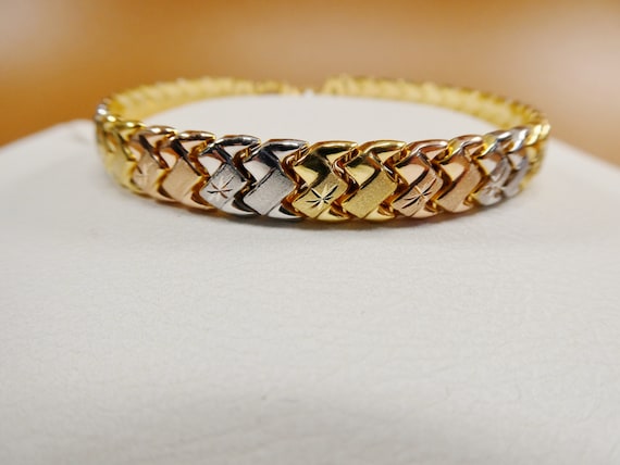 8 Inch Basket STAMPATO Bracelet Tri Color Tone 14k Yellow 8 Inch Basket STAMPATO Bracelet Tri Color Tone 14k Yellow