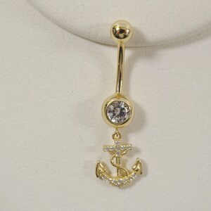 14k real solid yellow gold dangling anchor belly button ring piercing