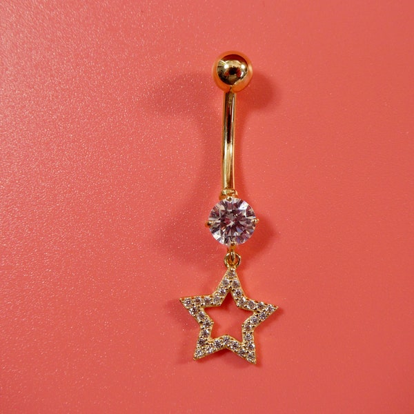 14k real solid yellow gold dangling star belly button ring piercing