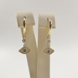 10k real yellow gold evil eye dangle  plain huggie earring