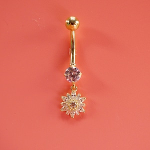 14k real solid yellow gold dangling flower belly button ring piercing