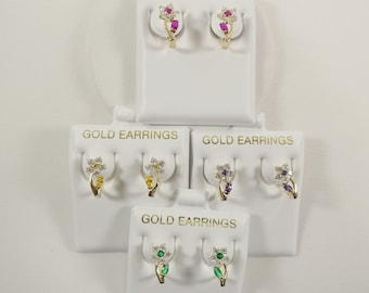 real 10k solid yellow gold birthstone color flower French back earrings
