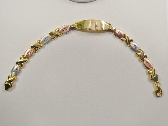 Real 925 Sterling Silver Stampato XOXO ID Bracelet 14k Yellow Gold