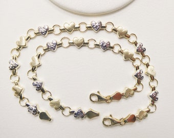 Pulsera de corazón de oro amarillo macizo de 10k - Pulsera XO bicolor