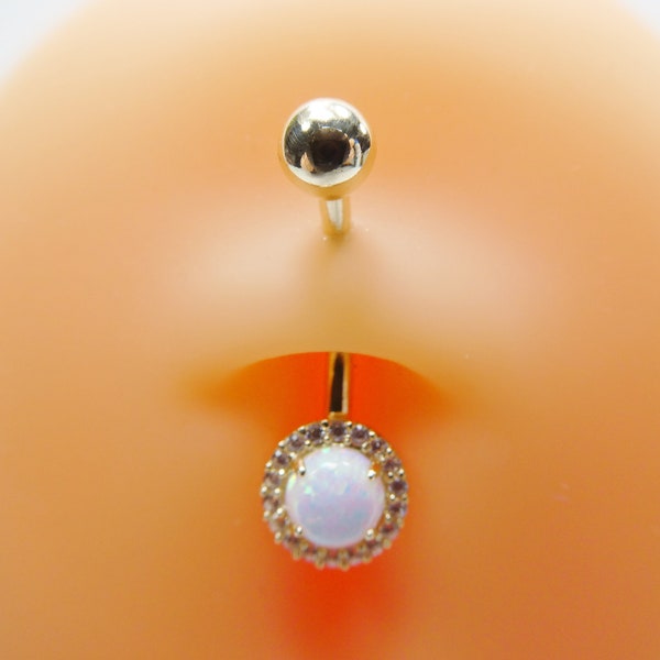 14k real solid yellow gold circle opal belly button ring piercing