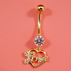 14k real solid yellow gold dangling love heart belly button ring piercing