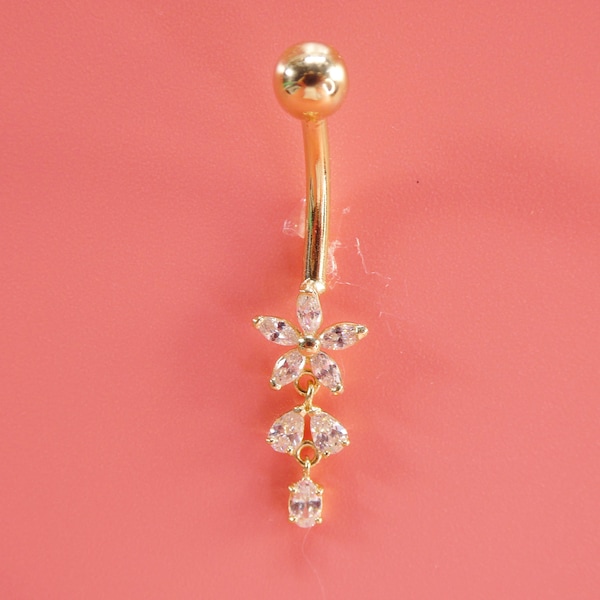 14k real solid yellow gold flower belly button ring piercing