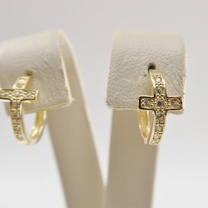 real 10k solid yellow gold cross hoop huggie earring