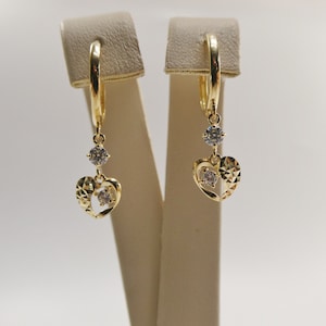 real 10k solid yellow gold heart dangle hoop huggie earring