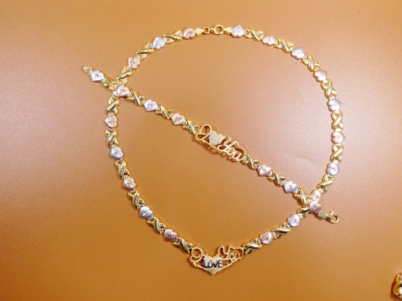925 real sterling silver I love you xoxo heart set necklace and bracelet hugs and kisses stampato 14k tri color gold tone color