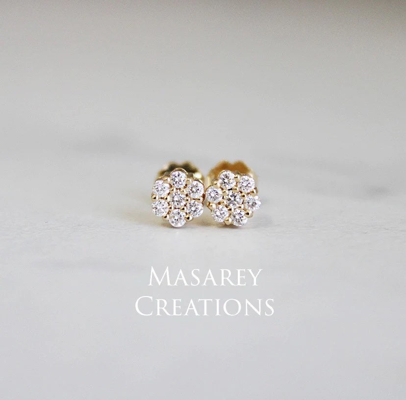 Brand New 14KT Solid Gold Flower Cluster Earrings .30 TCW Natural Brilliant Cut Diamonds
