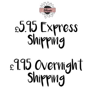 May include: White background with the text "Express Shipping" and "Overnight Shipping" in a handwritten style. A floral design with the word "Bohemia" is at the top.