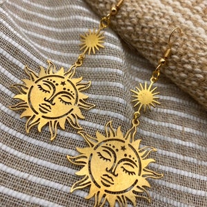 Gold Celestial Sun and Star Dangle Earrings, Hippy Earrings, Gift for her, Boho Jewellery, Boho, Mothers Day Gift