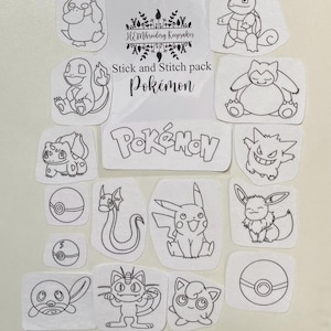 May include: A collection of stick and stitch embroidery designs featuring Pokémon characters. The designs are black line drawings on white fabric, including Pikachu and Squirtle. The pack is labelled "Stick and Stitch pack Pokémon."