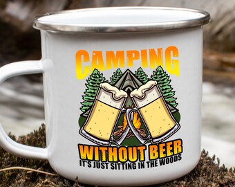 Campfire Coffee Mug, No Camping Without Beer Lovers, RV Camping Mug, Sarcastic Gifts For Men Campfire Drunk, Outdoor Adventure Enamel Mug