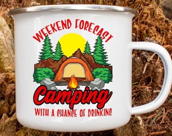 Drunk Camping Mug, Lit Weekend Forecast For Nature Adventure Lover, Camping Gift Ideas, Outdoor Enamel Coffee Mug, Campfire Friendship Gifts