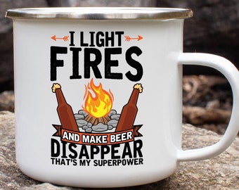 Campfire Coffee Mug, Light Fires & Make Beer Disappear, Beer Lovers, RV Camping Mug Decor, Beer Gifts For Men, Outdoor Adventure Enamel Mug