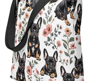 Frenchie Frenzy Flower Power Tote Bags