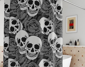 Skull Shower Curtain 71x74, Gothic Bathroom Decor, Halloween Skull Bath Curtain, Black & Grey Polyester, Spooky Bathroom Accent, NuKrypton