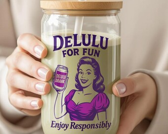 DeLulu For Fun - Glass Tumbler with Lid & Straw (16oz)