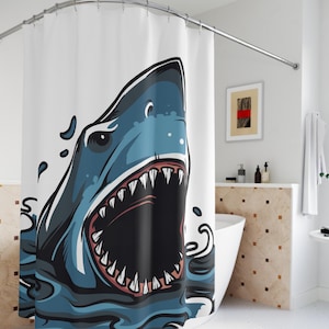 Rideau de douche requin - grande surprise requin blanc - rideau requin 71 x 74 pouces - décoration de salle de bain requin - cadeau parfait pour la semaine des requins