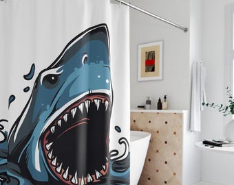 Shark Week Gift, Shark Shower Curtain, Great White Surprise, 71" × 74" Bathroom Decor, Waterproof Polyester, Coastal Bath, NuKrypton