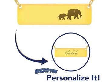 18K Mama Elephant Necklace: Personalized Mom Gifts From Daughter & Son - Mothers Day Gift, Personalized Gold Bar Necklace / Jewelry For Moms