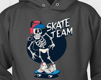 Cool Skater Sweatshirt - Retro Skate Team Skull Hoodie - Awesome Graphic Sweatshirt - Funny Skateboarder Hoodie Sizes to 5XL