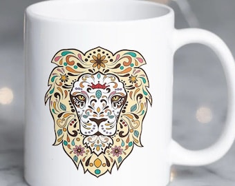 Mexican Skull Mug - Lion Sugar Skull Mug - White Sugar Skull Coffee Cup - 11oz Ceramic Novelty Mugs in White