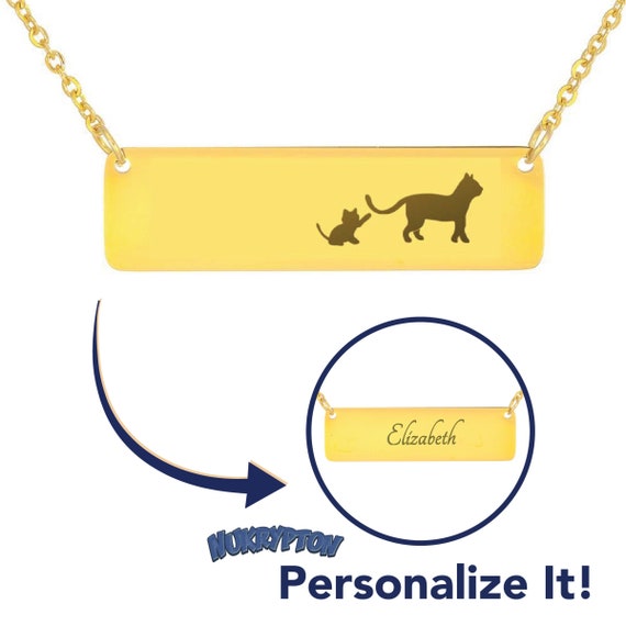 18K Mama Cat Necklace: Personalized Gifts For Mom - Cat Mom Gift / Mothers Day Gift, Cat Jewelry For Moms, Gold Bar Necklace, Cat Lover Gift by NuKryptonDotCom