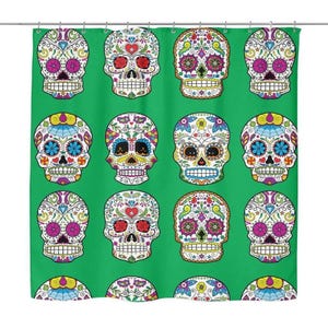 Sugar Skull Shower Curtain - Mexican Skull Decor - 71" x 74" Sugar Skull Bathroom Curtain - Multiple Colors - New Skull Bath Decor Green