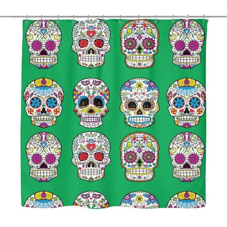 Sugar Skull Shower Curtain - Mexican Skull Decor - 71" x 74" Sugar Skull Bathroom Curtain - Multiple Colors - New Skull Bath Decor Green