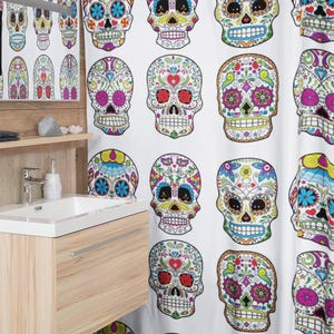 Sugar Skull Shower Curtain - Mexican Skull Decor - 71" x 74" Sugar Skull Bathroom Curtain - Multiple Colors - New Skull Bath Decor White