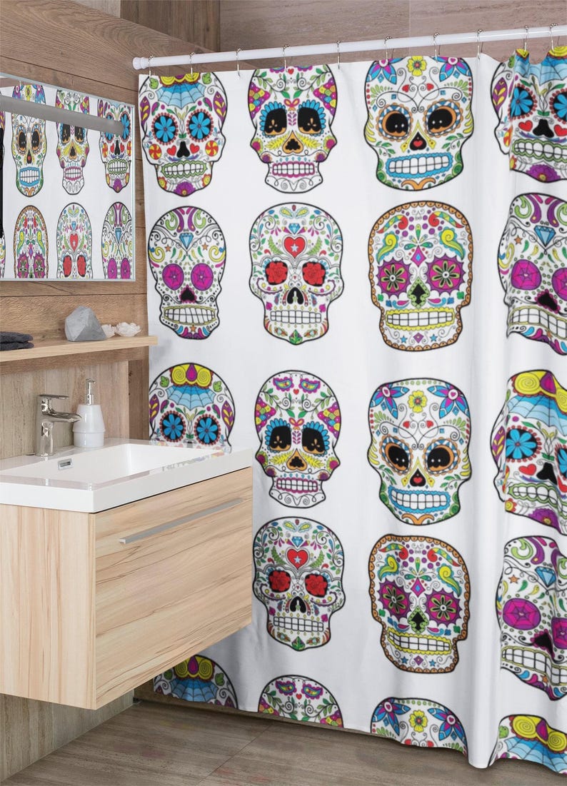 Sugar Skull Shower Curtain - Mexican Skull Decor - 71" x 74" Sugar Skull Bathroom Curtain - Multiple Colors - New Skull Bath Decor White