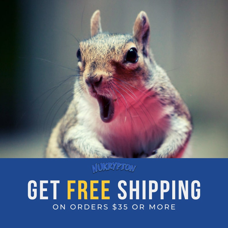 K&ouml;nnte beinhalten: Nahaufnahme eines Eichh&ouml;rnchens mit offenem Maul, das &uuml;berrascht aussieht. Das Bild hat einen blauen Hintergrund mit dem Text "GET FREE SHIPPING ON ORDERS $35 OR MORE" in Wei&szlig; und Gelb.