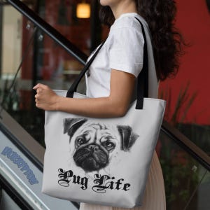 Funny Pug Bag: Pug Life Custom Tote Bag - 15x15&quot; Pug Tote Shopping Bag - Pug Accessories - Pug Gift for Her - Pug Shoulder Bag for Pug Lover