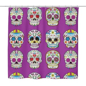 Sugar Skull Shower Curtain - Mexican Skull Decor - 71" x 74" Sugar Skull Bathroom Curtain - Multiple Colors - New Skull Bath Decor Purple