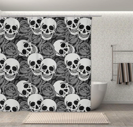 Skull Bathroom Curtain - 71x74" Skull Shower Curtain, New Black and Grey Skull Design - Cool Skull Decor