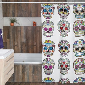 Sugar Skull Shower Curtain - Mexican Skull Decor - 71" x 74" Sugar Skull Bathroom Curtain - Multiple Colors - New Skull Bath Decor image 2