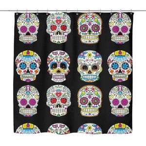 Sugar Skull Shower Curtain - Mexican Skull Decor - 71" x 74" Sugar Skull Bathroom Curtain - Multiple Colors - New Skull Bath Decor Black