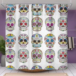 Sugar Skull Shower Curtain - Mexican Skull Decor - 71" x 74" Sugar Skull Bathroom Curtain - Multiple Colors - New Skull Bath Decor image 1