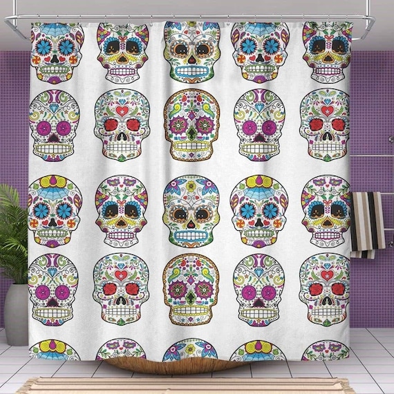 Sugar Skull Shower Curtain - Mexican Skull Decor - 71" x 74" Sugar Skull Bathroom Curtain - Multiple Colors - New Skull Bath Decor
