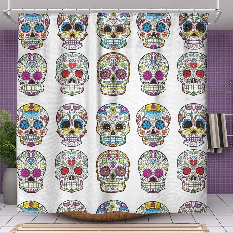 Sugar Skull Shower Curtain - Mexican Skull Decor - 71" x 74" Sugar Skull Bathroom Curtain - Multiple Colors - New Skull Bath Decor image 1