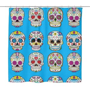 Sugar Skull Shower Curtain - Mexican Skull Decor - 71" x 74" Sugar Skull Bathroom Curtain - Multiple Colors - New Skull Bath Decor Blue