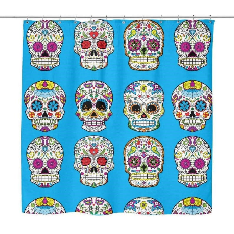 Sugar Skull Shower Curtain - Mexican Skull Decor - 71" x 74" Sugar Skull Bathroom Curtain - Multiple Colors - New Skull Bath Decor Blue