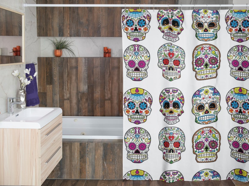 Day Of The Dead Sugar Skull Shower Curtain - 72x72 Inch Waterproof Floral Skull Bathroom Decor - View #6