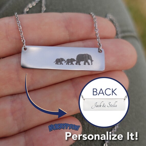 Mama Elephant Necklace: Personalized Mom Gifts From Daughter or Son - Mothers Day Gift, Personalized Silver Bar Necklace / Jewelry For Moms by NuKryptonDotCom