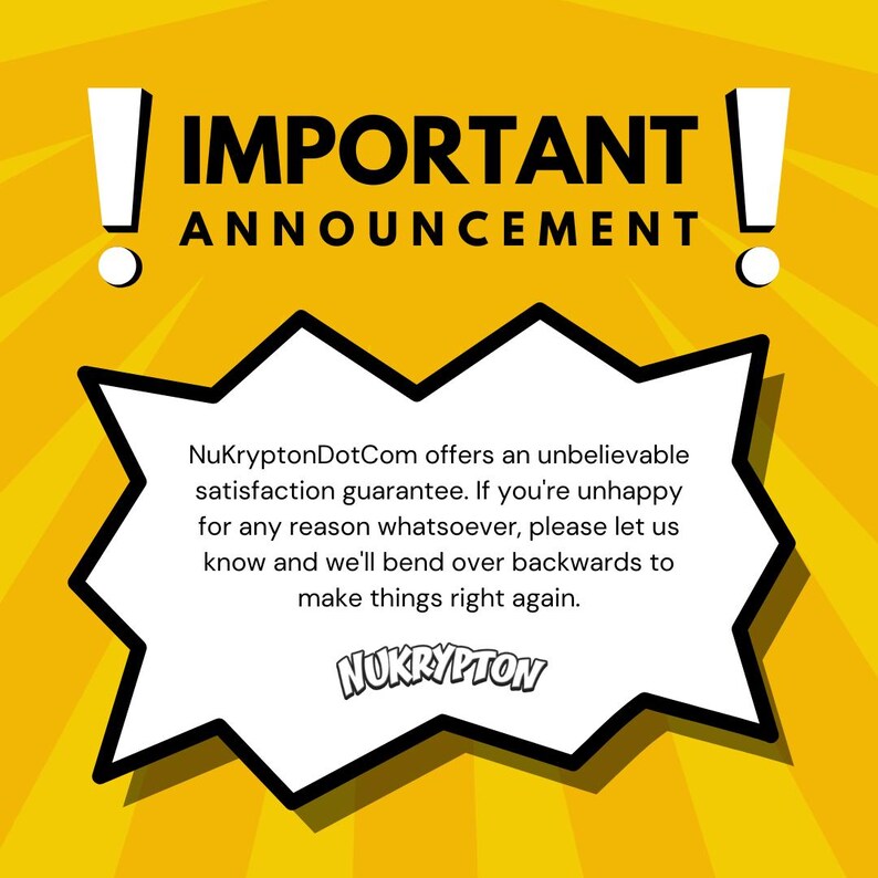 a bold, yellow and black announcement with a speech bubble containing text. The text appears to be a message from Nukrypton Dotcom, offering an unbreachable satisfaction guarantee if unhappy for any reason. The message encourages customers to know and Nukrypton Dotcom will bend backwards to make things right again.