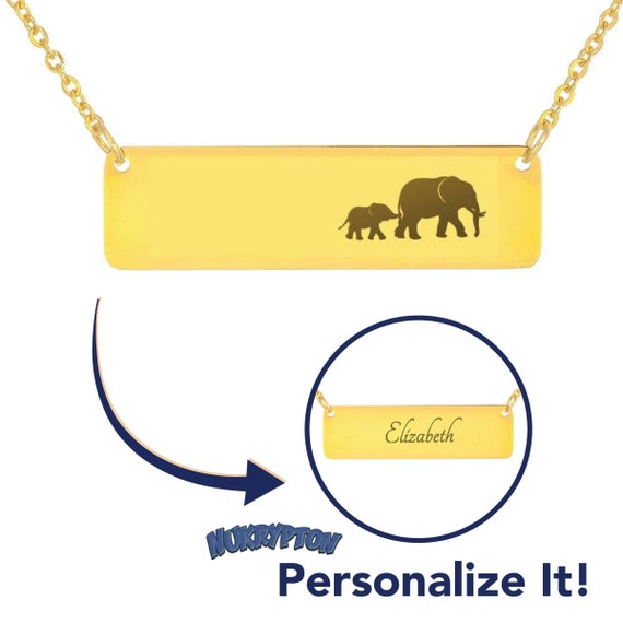 18K Mama Elephant Necklace: Personalized Mom Gifts From Daughter & Son - Mothers Day Gift, Personalized Gold Bar Necklace / Jewelry For Moms by NuKryptonDotCom